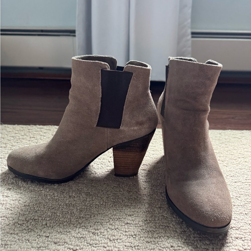 Vince Camuto Taupe Suede Ankle Booties with Stacked Heel